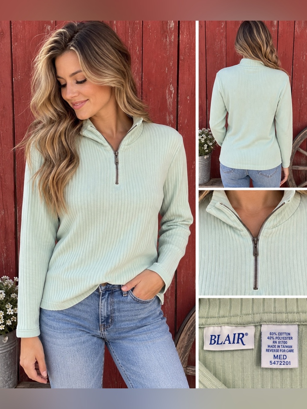 Vintage Blair Mint Green Ribbed Quarter Zip Mock Neck Top Women’s Medium